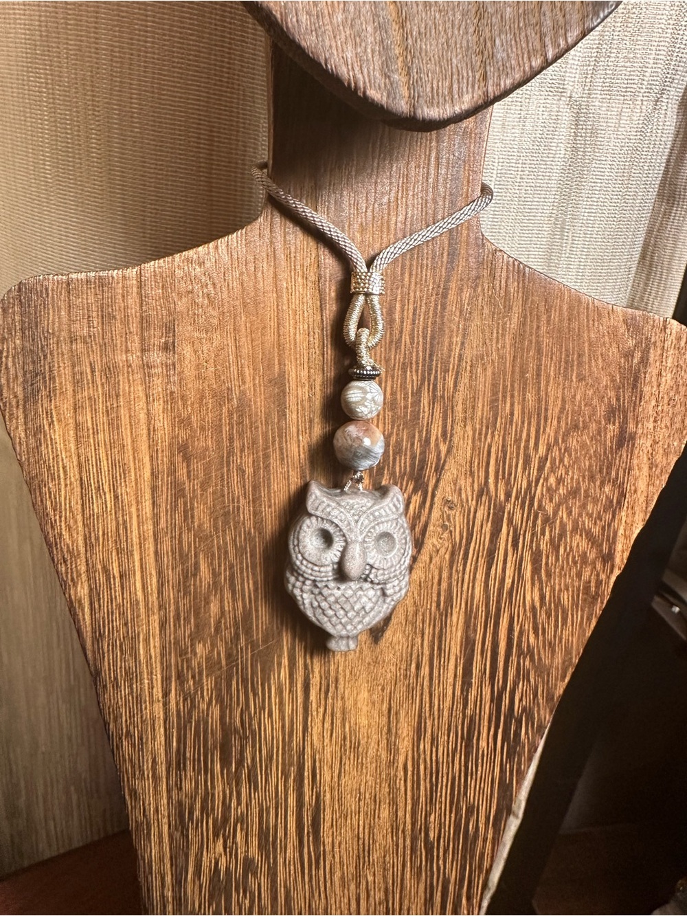 Alashan Agate Owl Pendant Necklace with Sunstone and Coral Fossil on Rope - Picture 9 of 12